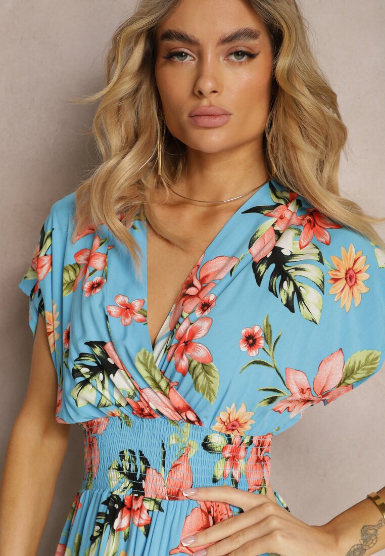 wei wei Rochie Petrecută Albastră Florală cu Elastic în Talie Nobbia