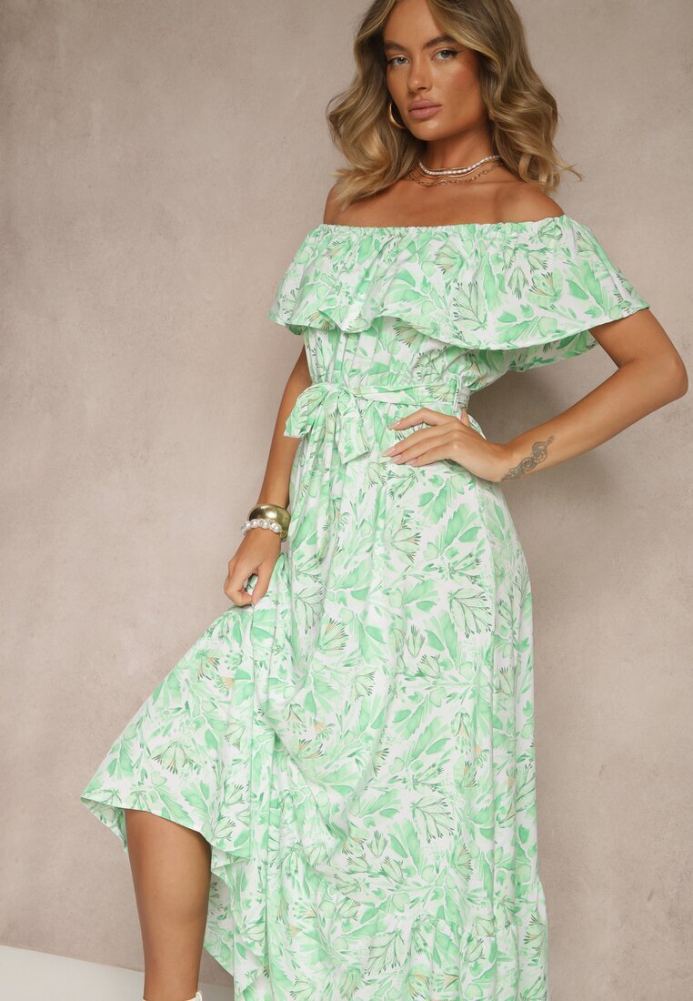 wei wei Rochie Verde Florală cu umerii goi din Bumbac Tiarice
