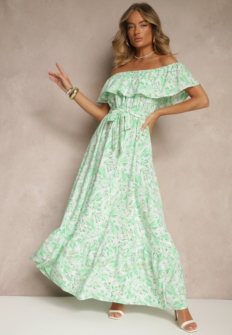 wei wei Rochie Verde Florală cu umerii goi din Bumbac Tiarice