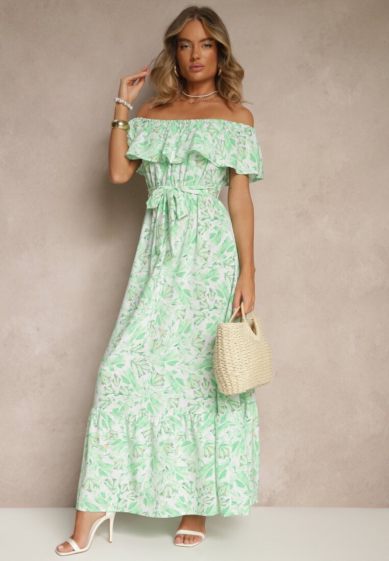 wei wei Rochie Verde Florală cu umerii goi din Bumbac Tiarice