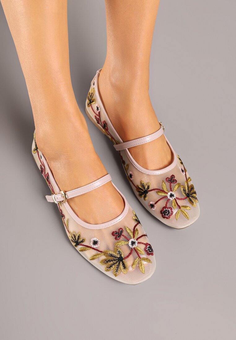 weide Balerini Bej din plasă stil Mary Jane cu broderie florală Nitelissa