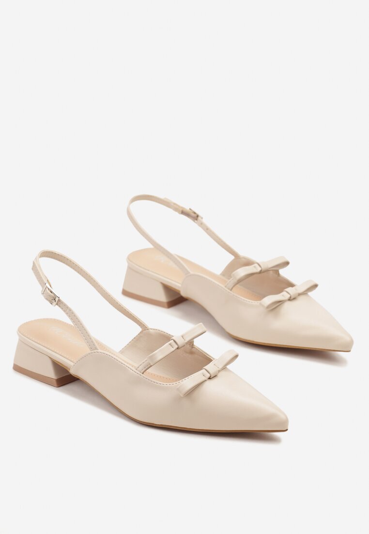 weide Sandale Bej Slingback cu toc mic decorate cu fundițe Remelle