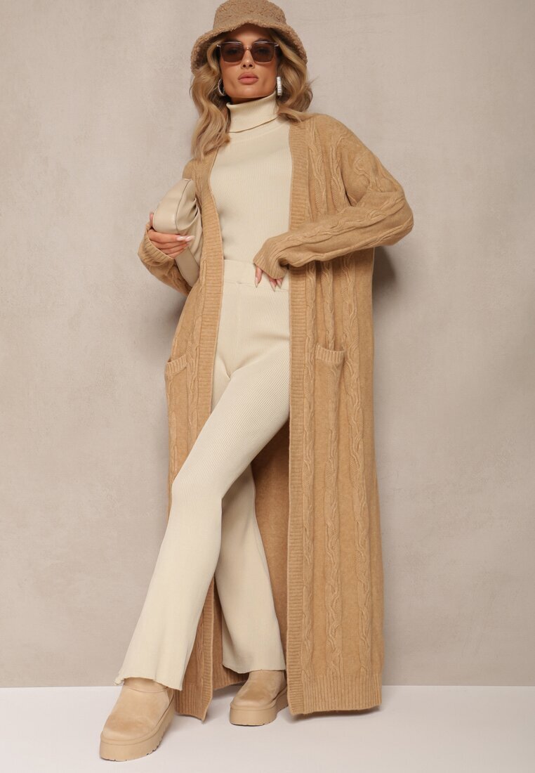 wool fashion Cardigan Bej cu croială lungă neîncheiat cu model împletit Ottimia