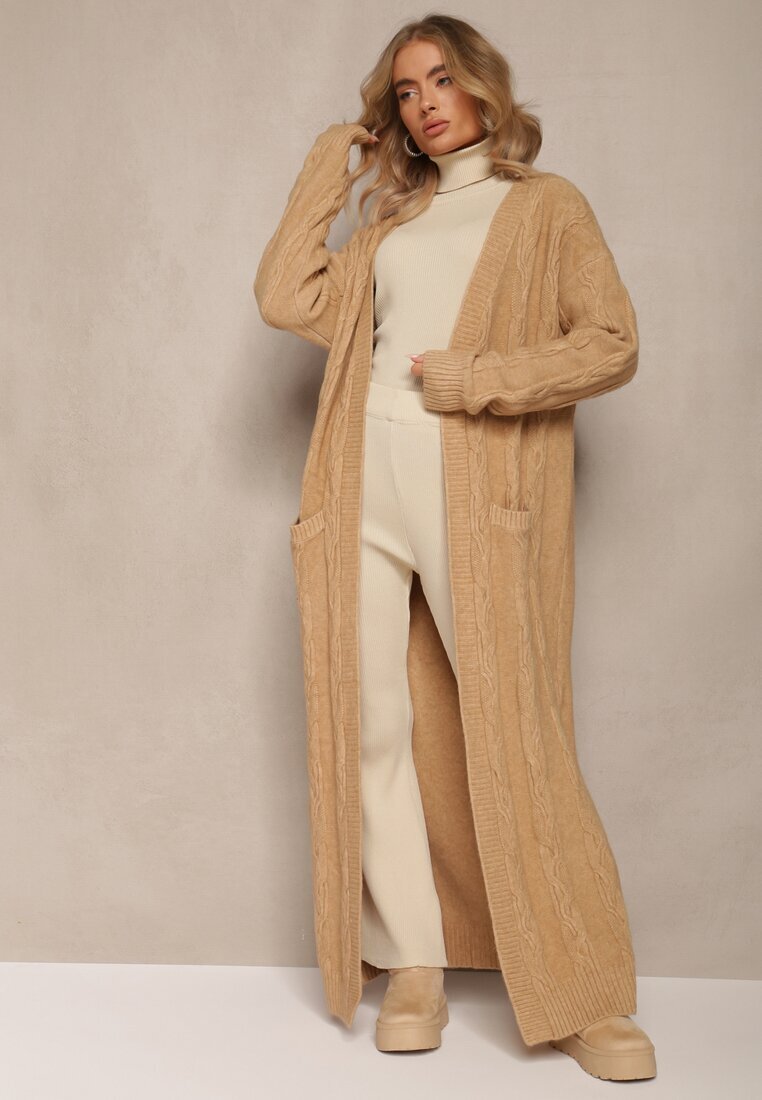 wool fashion Cardigan Bej cu croială lungă neîncheiat cu model împletit Ottimia