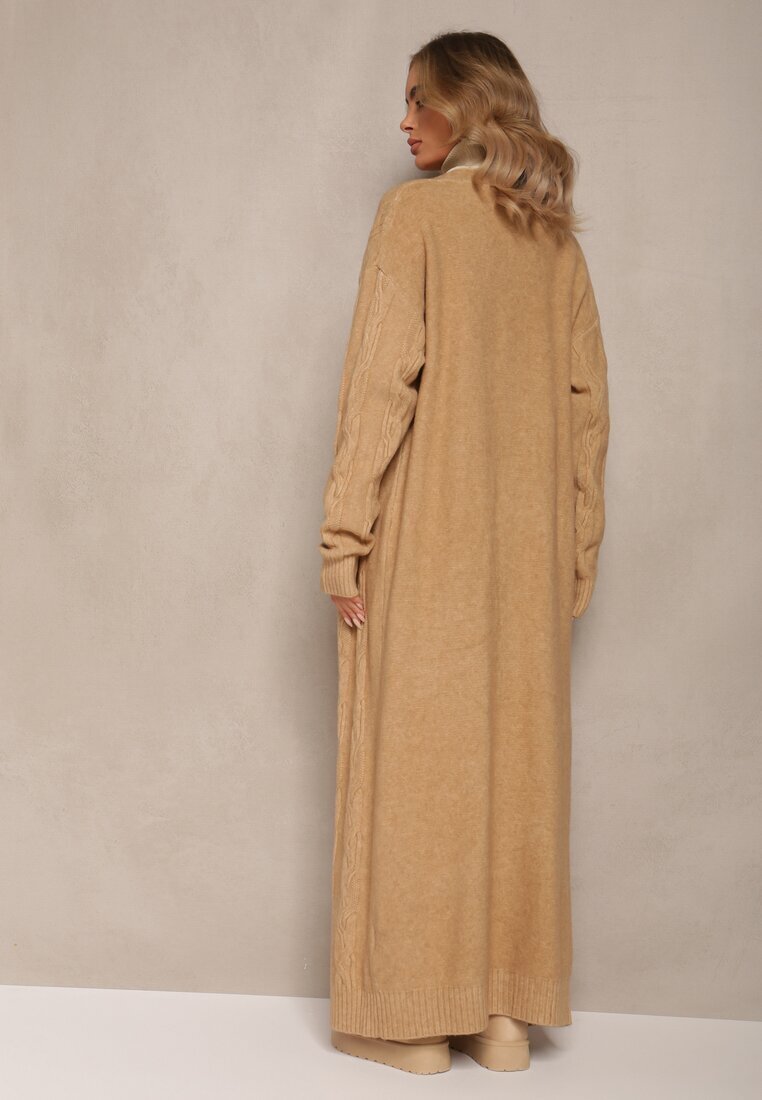 wool fashion Cardigan Bej cu croială lungă neîncheiat cu model împletit Ottimia