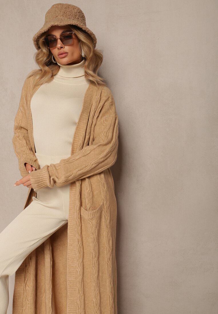 wool fashion Cardigan Bej cu croială lungă neîncheiat cu model împletit Ottimia