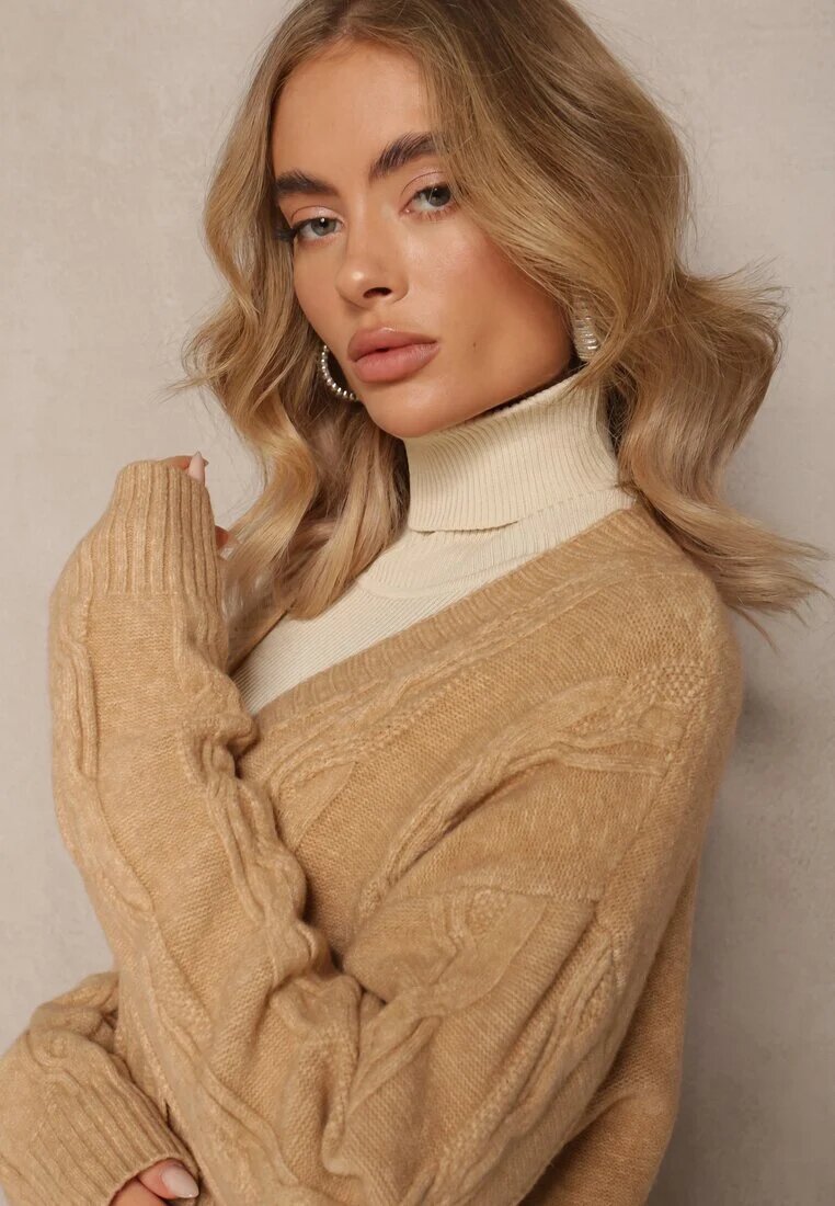 wool fashion Cardigan Bej cu croială lungă neîncheiat cu model împletit Ottimia