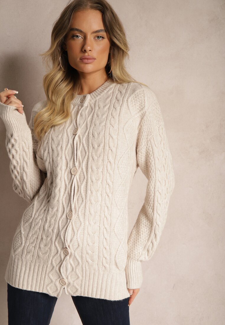 wool fashion Cardigan Bej deschis cu nasturi cu împletitură decorativă Alorinda