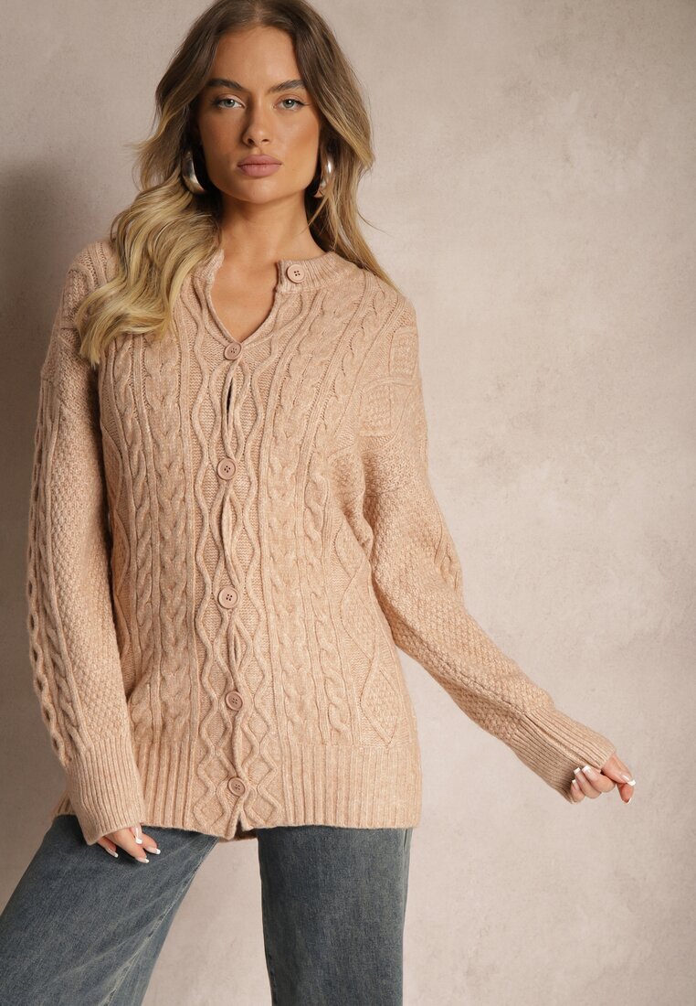 wool fashion Cardigan Bej închis cu nasturi cu împletitură decorativă Alorinda