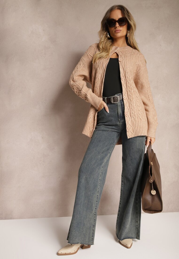wool fashion Cardigan Bej închis cu nasturi cu împletitură decorativă Alorinda