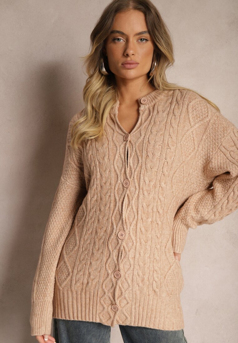 wool fashion Cardigan Bej închis cu nasturi cu împletitură decorativă Alorinda