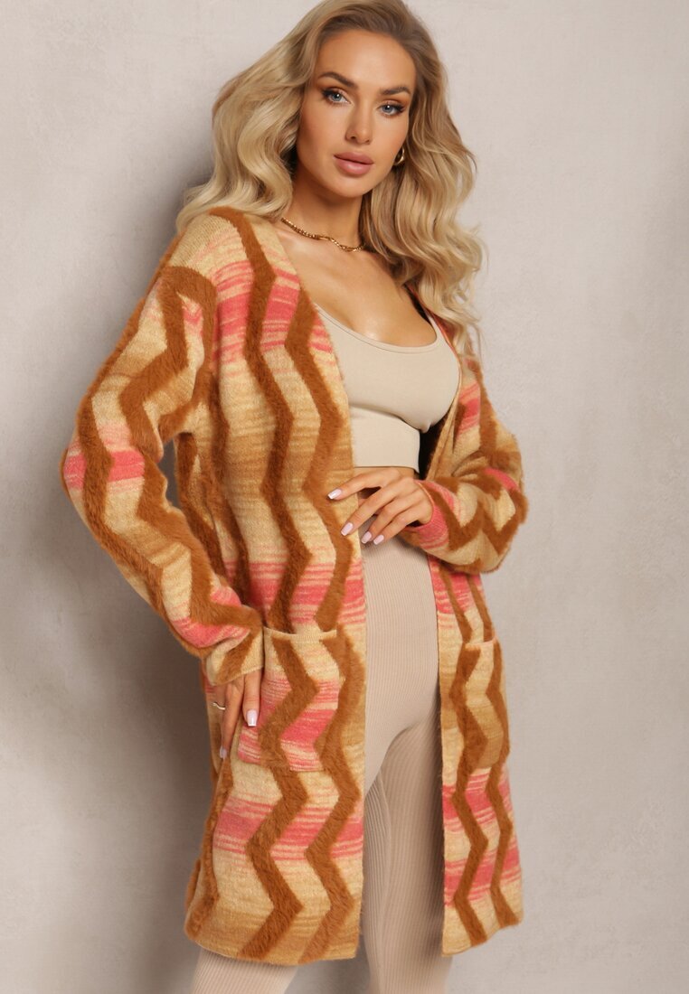 wool fashion Cardigan Bej închis Lejer Deschis cu Imprimeu Geometric Sheshy