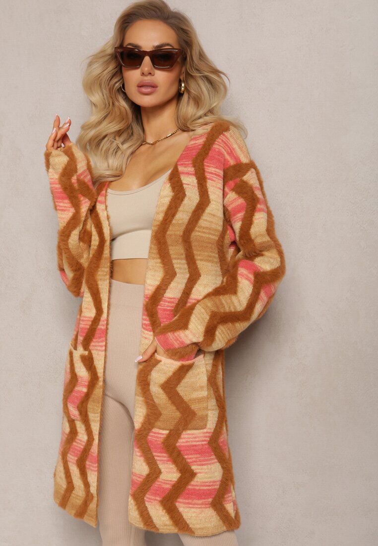 wool fashion Cardigan Bej închis Lejer Deschis cu Imprimeu Geometric Sheshy