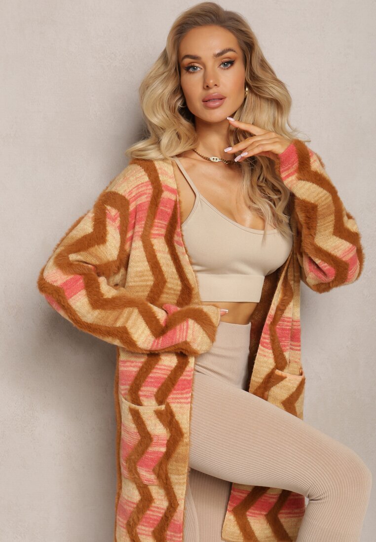 wool fashion Cardigan Bej închis Lejer Deschis cu Imprimeu Geometric Sheshy
