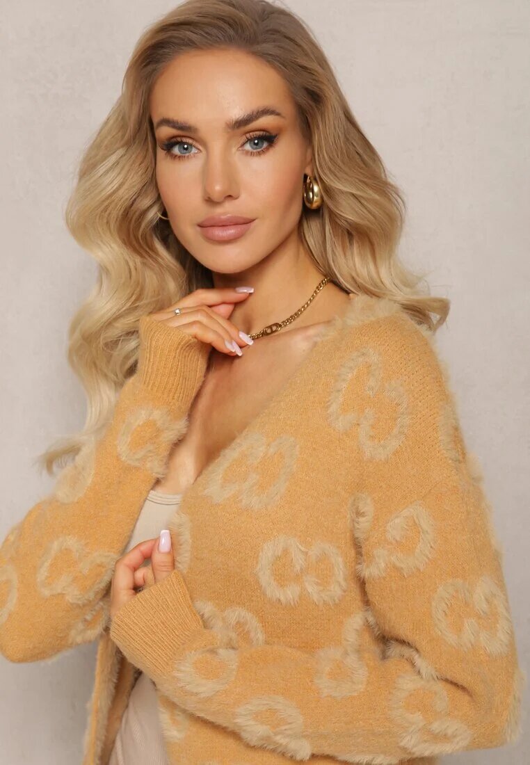 wool fashion Cardigan Bej închis Simplu cu pete Fără închidere Raniwasa