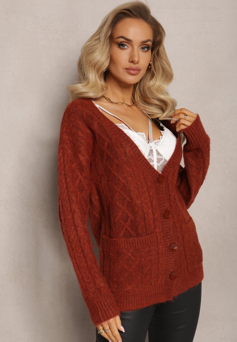 wool fashion Cardigan Bordo Cu nasturi cu Decolteu în V și Model împletit Juessa