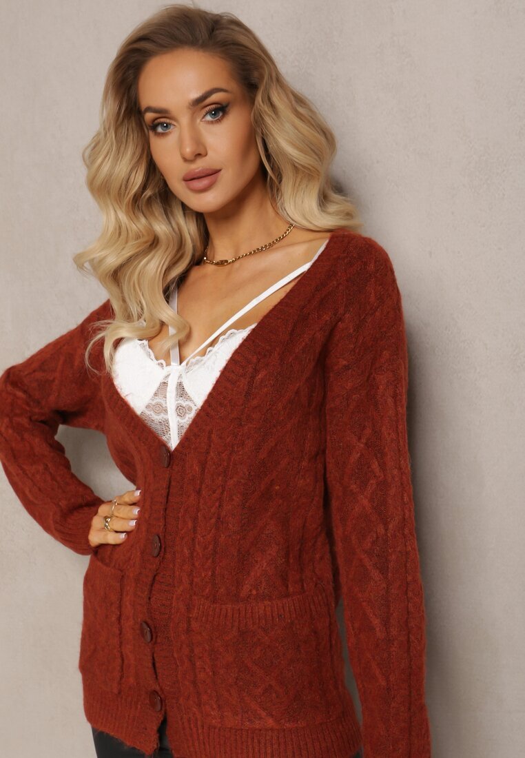 wool fashion Cardigan Bordo Cu nasturi cu Decolteu în V și Model împletit Juessa