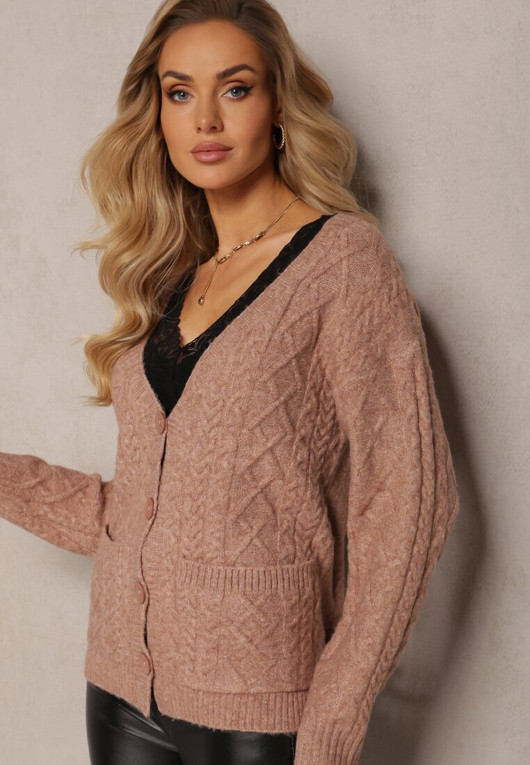 wool fashion Cardigan cu nasturi Bej închis cu Decolteu în V și torsade Juessa