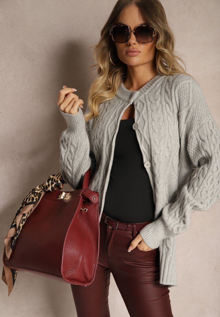 wool fashion Cardigan Gri cu Nasturi cu Împletitură Decorativă Alorinda