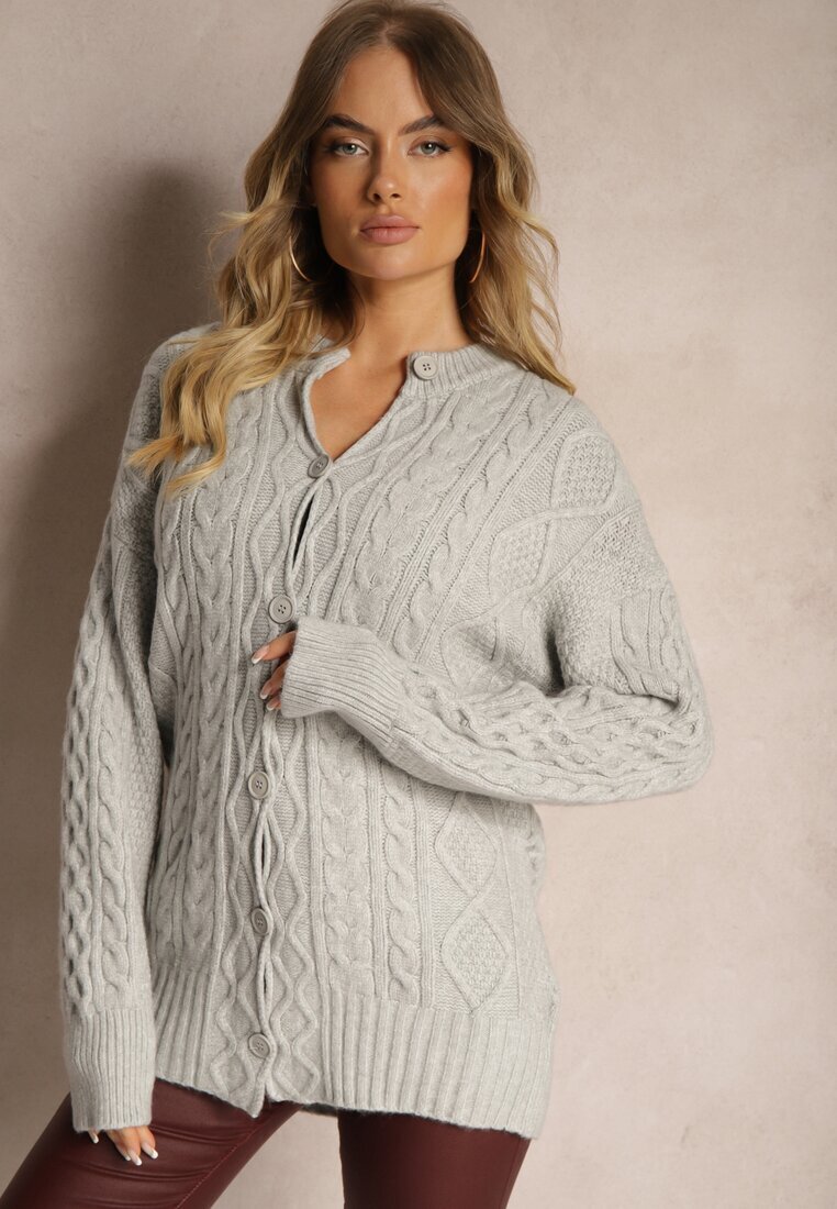 wool fashion Cardigan Gri cu Nasturi cu Împletitură Decorativă Alorinda