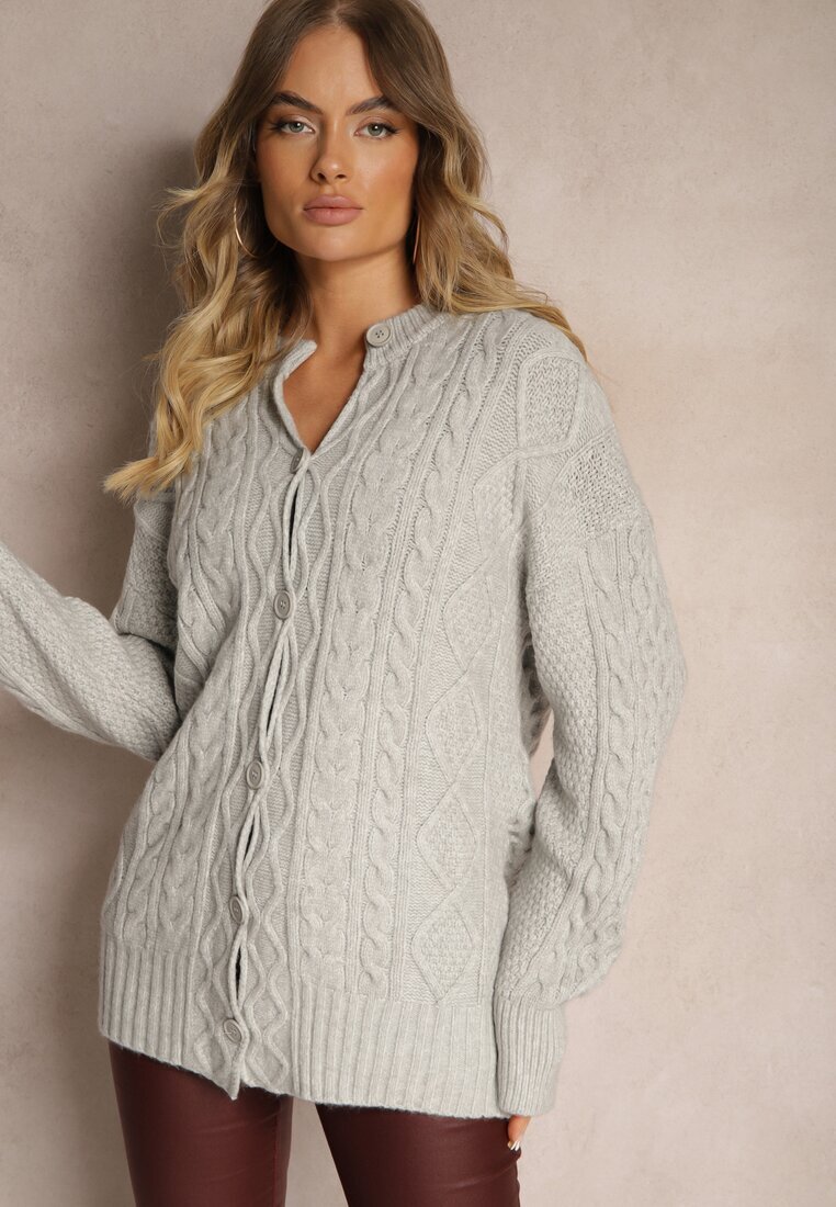 wool fashion Cardigan Gri cu Nasturi cu Împletitură Decorativă Alorinda
