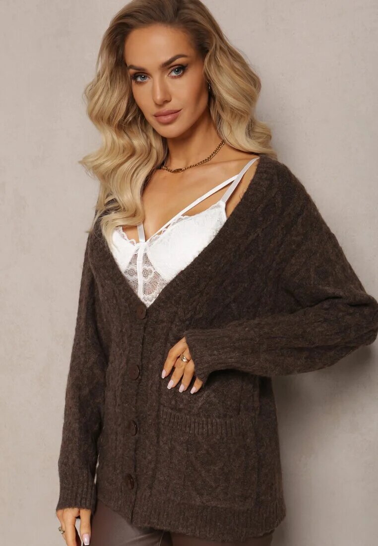 wool fashion Cardigan Maro încheiat cu decolteu triunghiular și tricotaj împletit Juessa