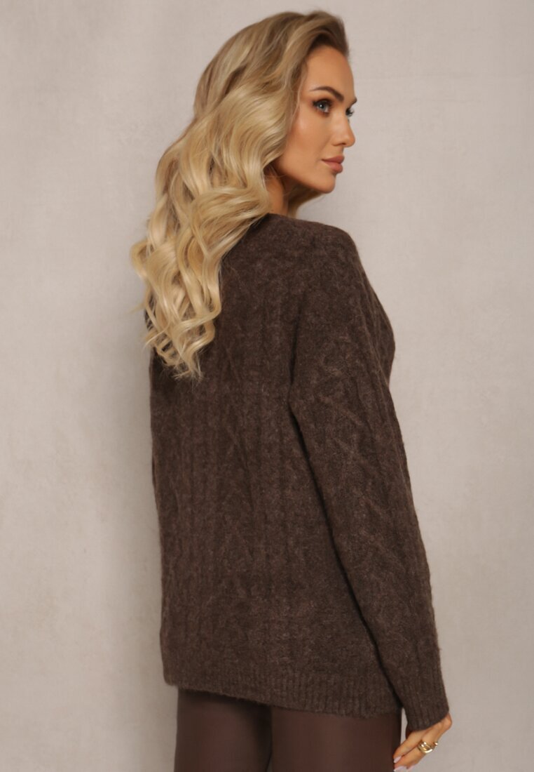 wool fashion Cardigan Maro încheiat cu decolteu triunghiular și tricotaj împletit Juessa