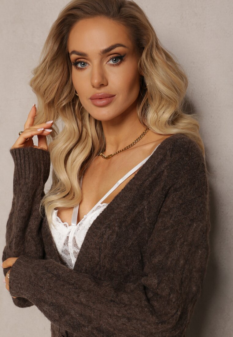 wool fashion Cardigan Maro încheiat cu decolteu triunghiular și tricotaj împletit Juessa