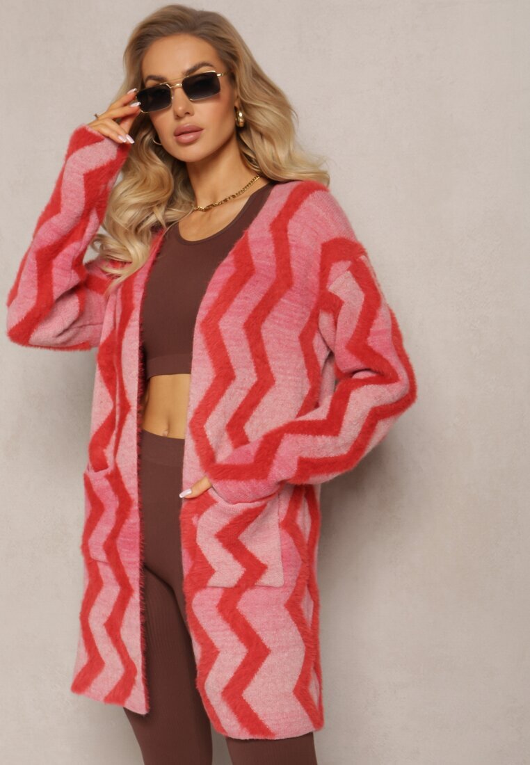 wool fashion Cardigan Roșu Lejer Deschis cu imprimeu geometric Sheshy