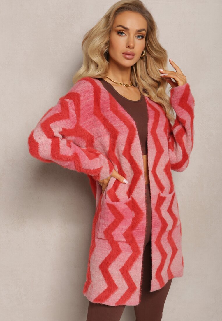 wool fashion Cardigan Roșu Lejer Deschis cu imprimeu geometric Sheshy