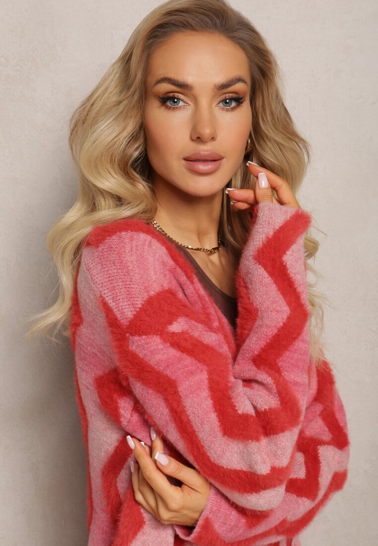 wool fashion Cardigan Roșu Lejer Deschis cu imprimeu geometric Sheshy