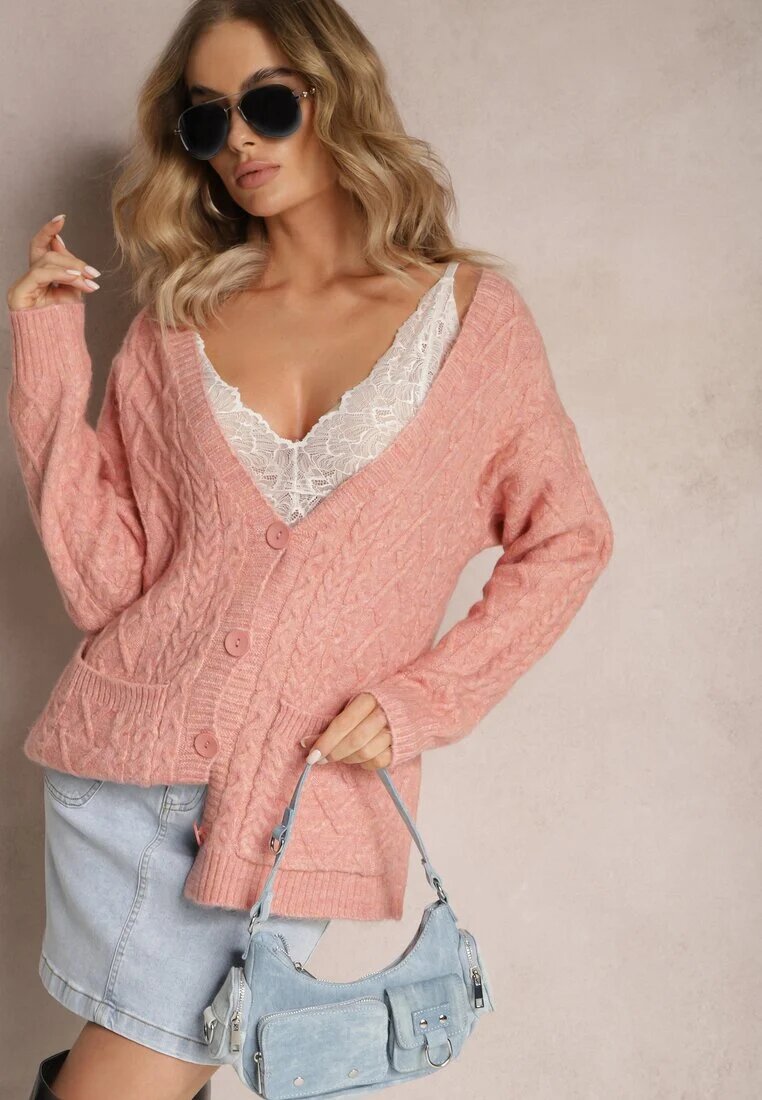 wool fashion Cardigan roz deschis încheiat cu decolteu în V și model împletit Juessa