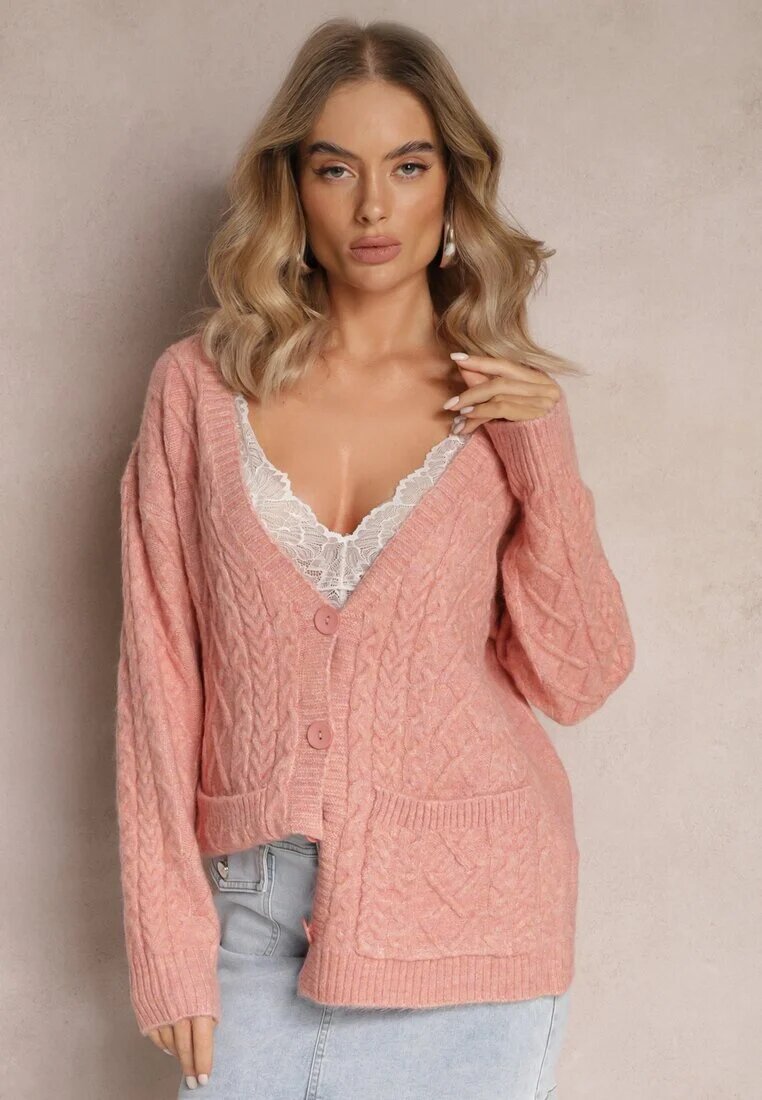 wool fashion Cardigan roz deschis încheiat cu decolteu în V și model împletit Juessa