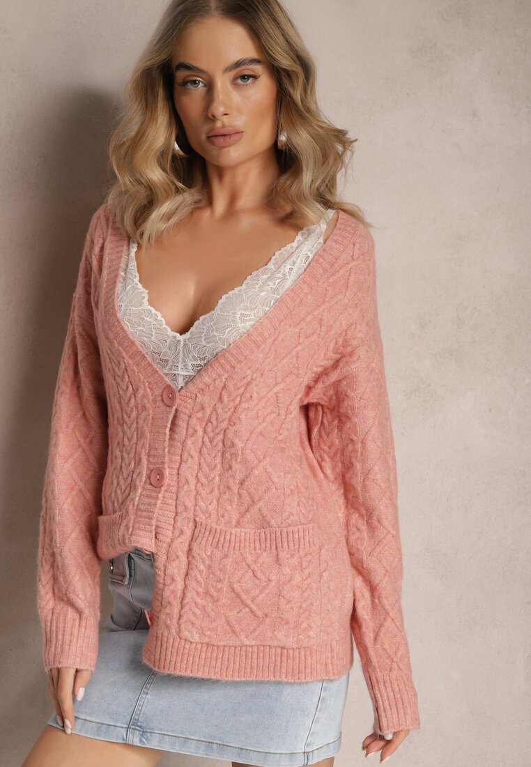 wool fashion Cardigan roz deschis încheiat cu decolteu în V și model împletit Juessa