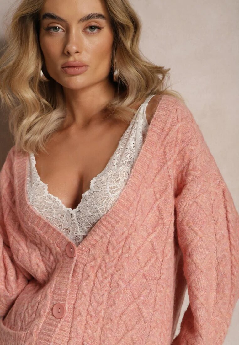 wool fashion Cardigan roz deschis încheiat cu decolteu în V și model împletit Juessa