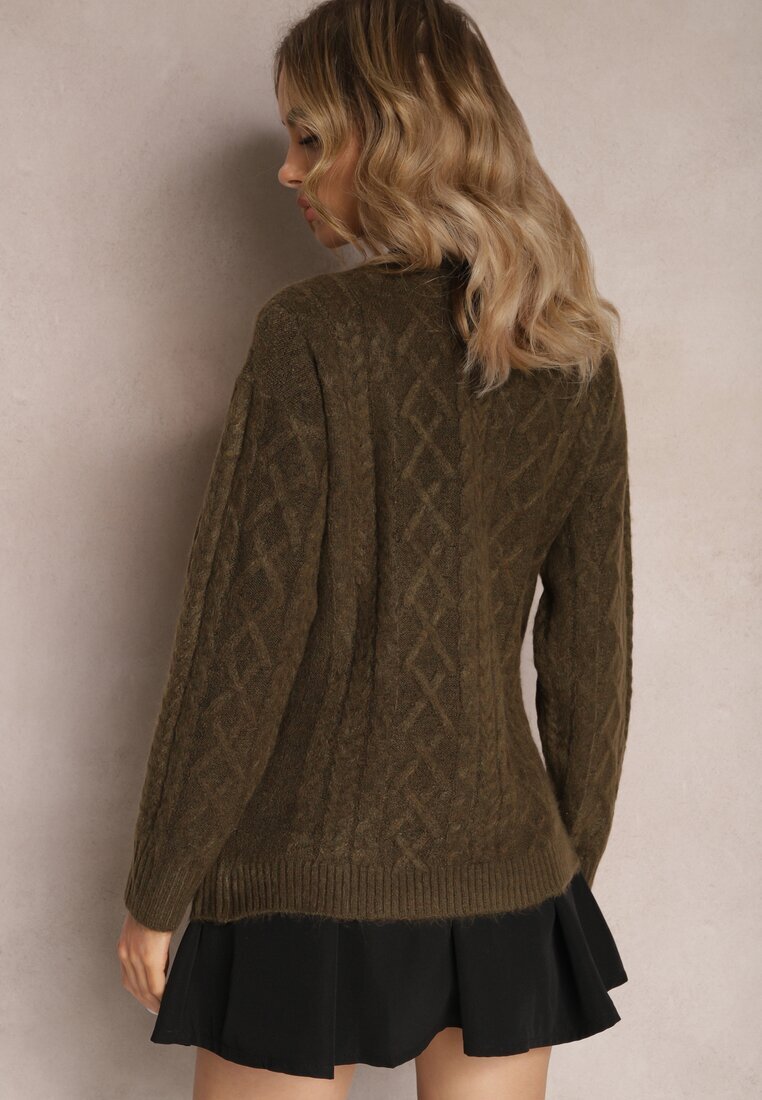 wool fashion Cardigan Verde închis încheiat cu decolteu în V și model împletit Juessa
