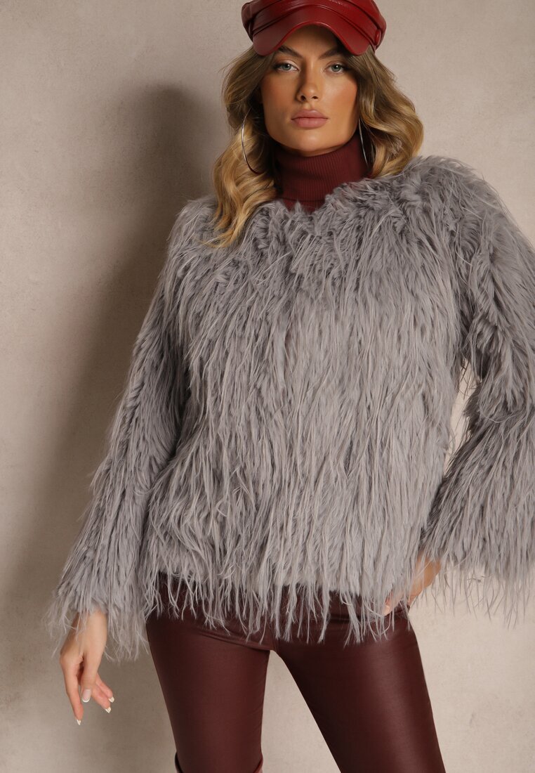wool fashion Geacă de blană gri deschis cu croială simplă cu închidere cu copci Sialithiel