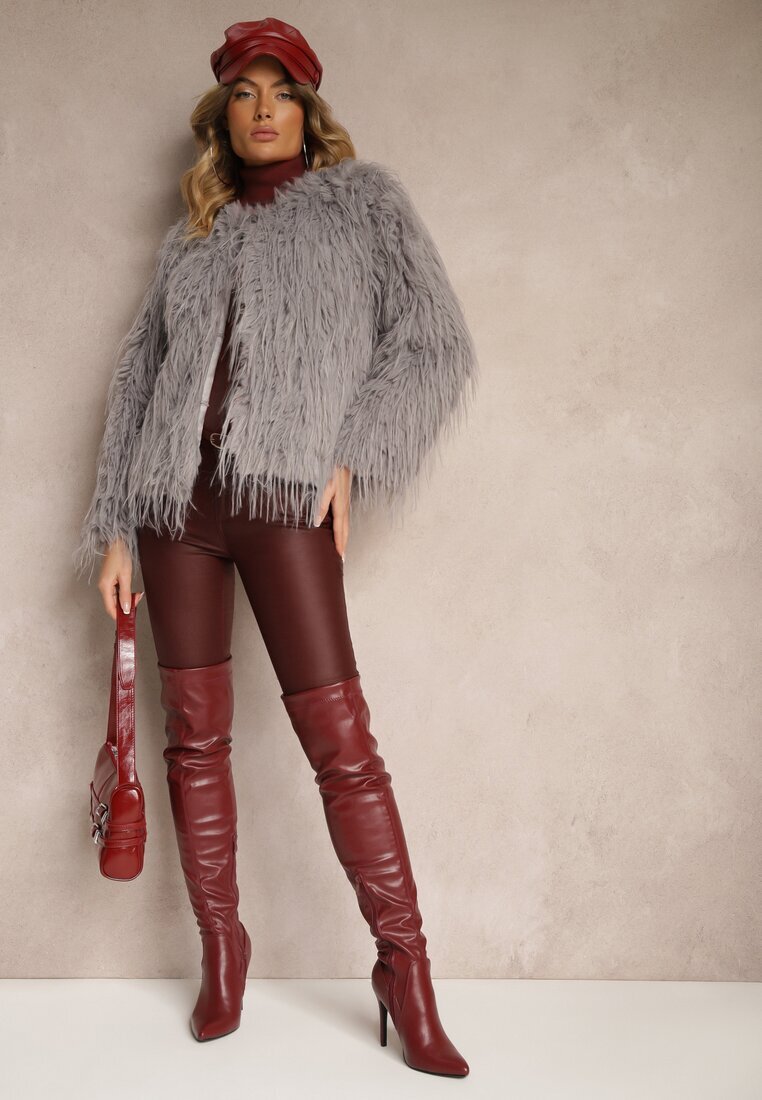 wool fashion Geacă de blană gri deschis cu croială simplă cu închidere cu copci Sialithiel