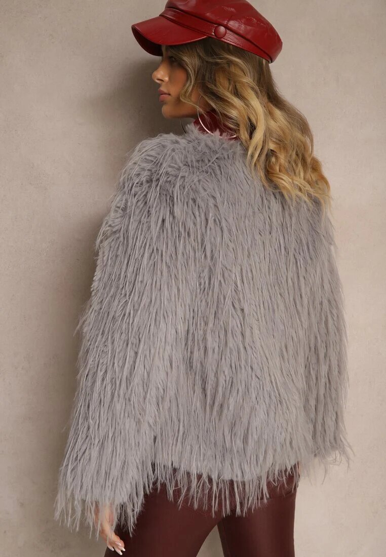 wool fashion Geacă de blană gri deschis cu croială simplă cu închidere cu copci Sialithiel
