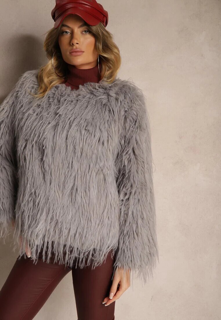wool fashion Geacă de blană gri deschis cu croială simplă cu închidere cu copci Sialithiel
