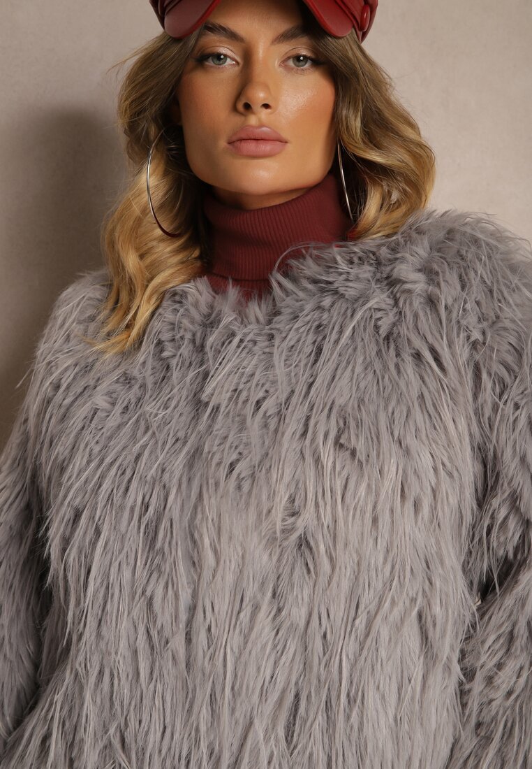 wool fashion Geacă de blană gri deschis cu croială simplă cu închidere cu copci Sialithiel