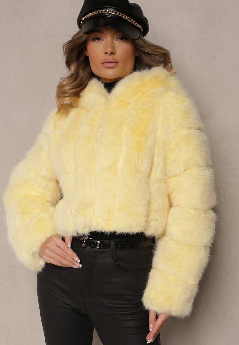 wool fashion Jachetă Galbenă Scurtă din Imitație de Blană cu Cusături Matlasate Kemeriana
