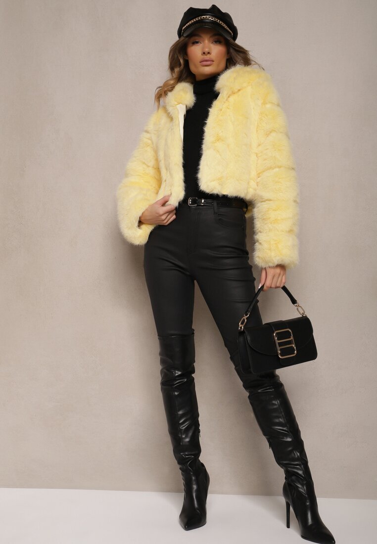wool fashion Jachetă Galbenă Scurtă din Imitație de Blană cu Cusături Matlasate Kemeriana