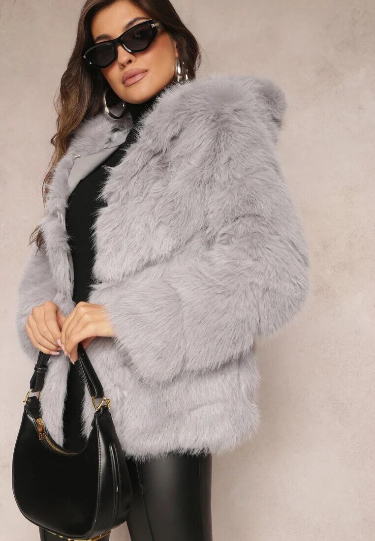 wool fashion Jachetă Gri cu Blană și Glugă Haiattas