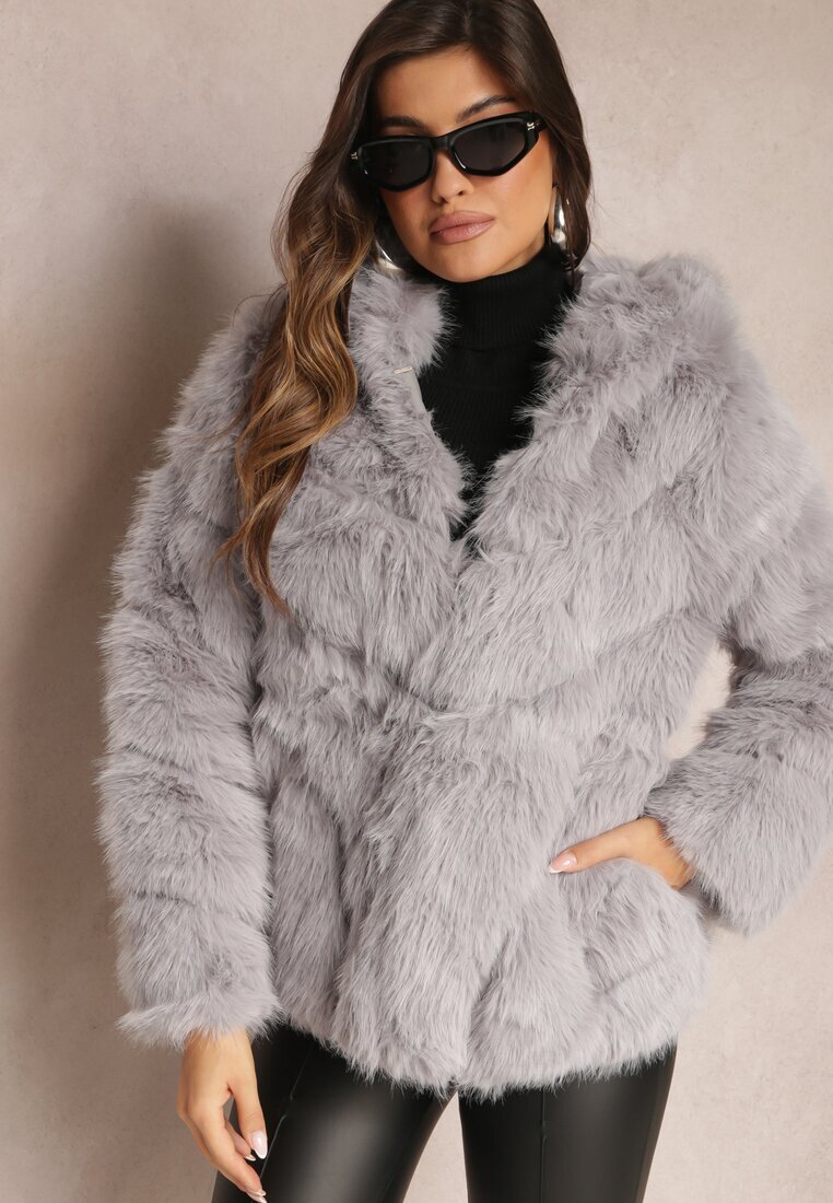 wool fashion Jachetă Gri cu Blană și Glugă Haiattas