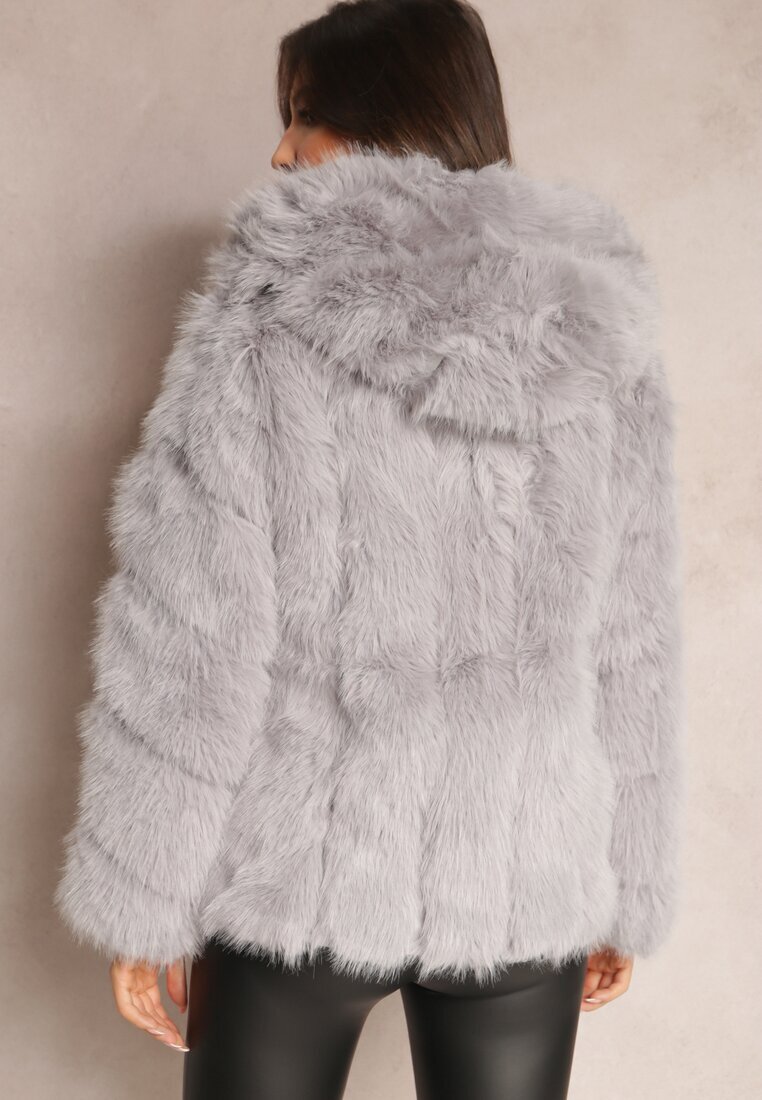 wool fashion Jachetă Gri cu Blană și Glugă Haiattas