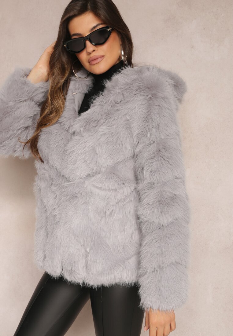 wool fashion Jachetă Gri cu Blană și Glugă Haiattas