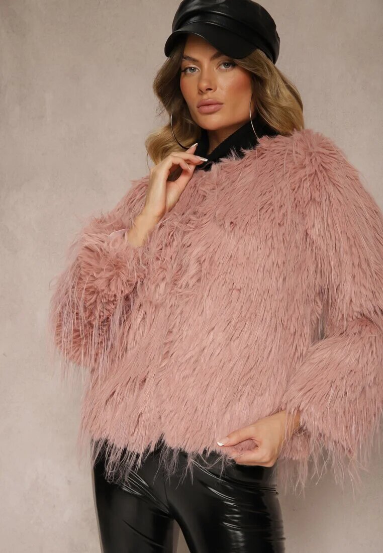 wool fashion Jachetă roz de blană cu croială dreaptă cu închidere cu agrafe Sialithiel