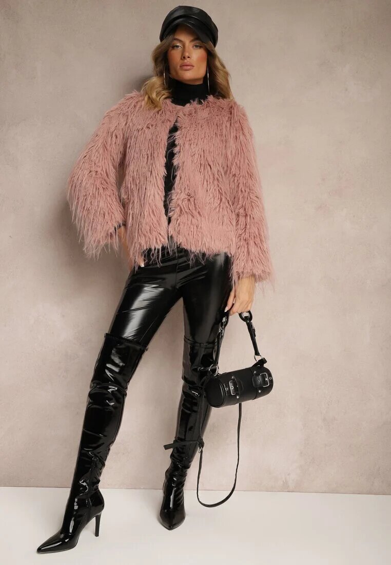 wool fashion Jachetă roz de blană cu croială dreaptă cu închidere cu agrafe Sialithiel