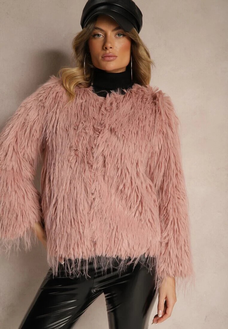 wool fashion Jachetă roz de blană cu croială dreaptă cu închidere cu agrafe Sialithiel